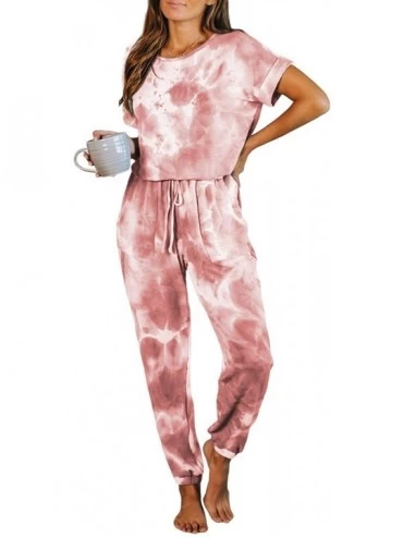 Sets Womens Tie Dye Knit Pajamas Set Short Top and Long Pants with Pockets Loungewear Nightwear - Red - CC197ZS5I5G $50.64