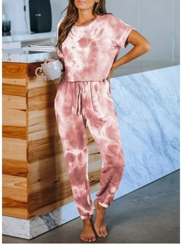 Sets Womens Tie Dye Knit Pajamas Set Short Top and Long Pants with Pockets Loungewear Nightwear - Red - CC197ZS5I5G $25.32