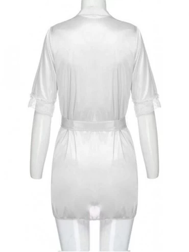 Nightgowns & Sleepshirts Women Lace Trim Satin Short Silky Bathrobe Kimonos Sleepwear Nightgown Pajama Dress - White - C4193M...