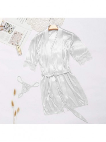 Nightgowns & Sleepshirts Women Lace Trim Satin Short Silky Bathrobe Kimonos Sleepwear Nightgown Pajama Dress - White - C4193M...