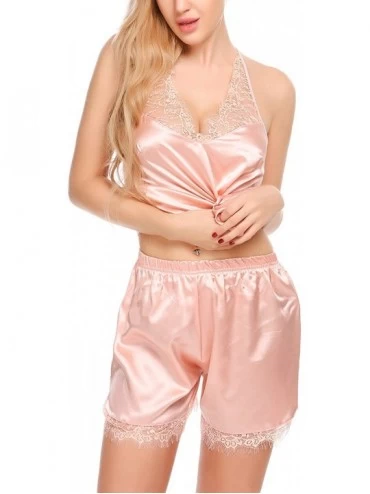 Sets Women Satin Nightgown Lace Trim Satin Cami Shorts Pajama Sets - Pink - CA18L8QAW23 $11.79
