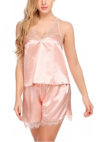 Sets Women Satin Nightgown Lace Trim Satin Cami Shorts Pajama Sets - Pink - CA18L8QAW23 $11.79