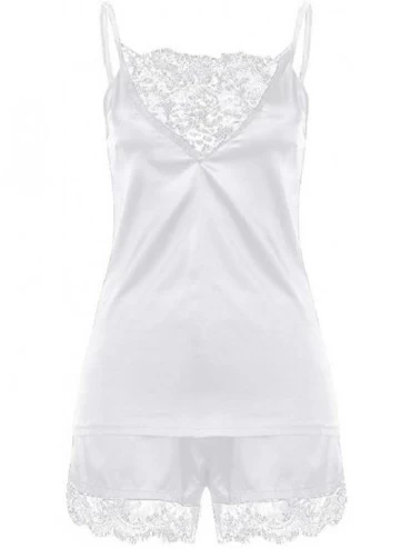 Sets Satin Lace Crochet V Neck Strappy Camisole Shirt and Short Pajama Set for Women Sexy Sleepwear Lingerie - White - CI196U...