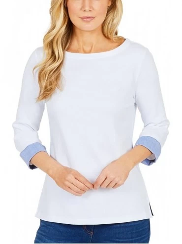 Tops Women's 3/4 Cuffed Sleeve Chambray Casual Top - Bright White - CI18EYEALXM $51.79