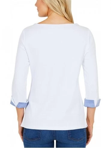 Tops Women's 3/4 Cuffed Sleeve Chambray Casual Top - Bright White - CI18EYEALXM $20.99