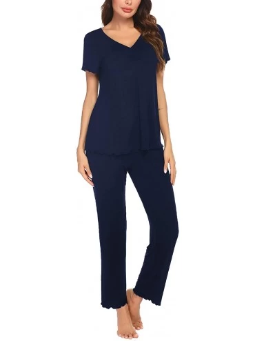 Sets Pajamas Set for Women 2 Piece Pjs Short Sleeve Shirts Long Pants Soft Sleepwear Set - Navy Blue - CA190878ISD $50.53