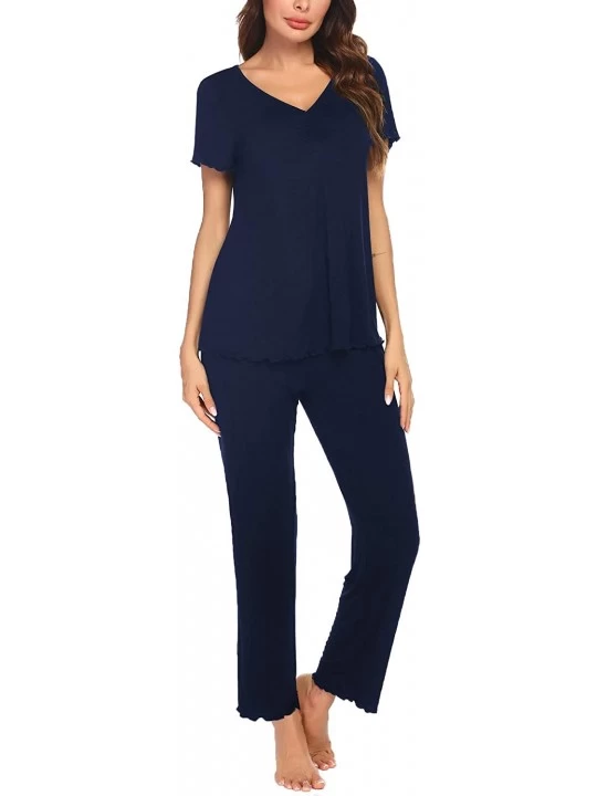Sets Pajamas Set for Women 2 Piece Pjs Short Sleeve Shirts Long Pants Soft Sleepwear Set - Navy Blue - CA190878ISD $26.63