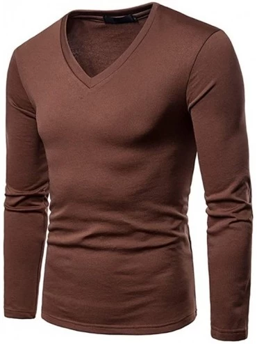 Thermal Underwear Men's Cotton V-Neck Base Layer Long Sleeve Shirts Thermal Underwear Tops - Brown - CC18A5W8OAE $26.62