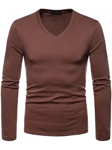 Thermal Underwear Men's Cotton V-Neck Base Layer Long Sleeve Shirts Thermal Underwear Tops - Brown - CC18A5W8OAE $26.62