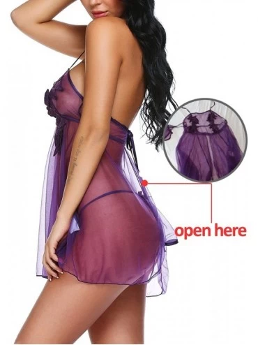 Baby Dolls & Chemises Women's Sheer Babydoll Lingerie Sexy Lace Chemise Floral Nightdress - Purple - CS18D35Q4DR $16.91