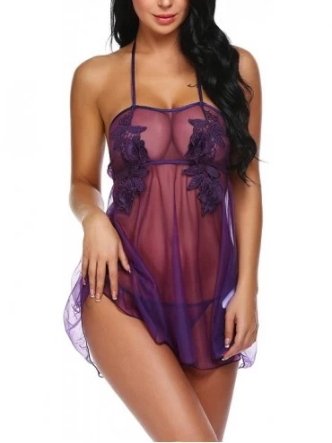 Baby Dolls & Chemises Women's Sheer Babydoll Lingerie Sexy Lace Chemise Floral Nightdress - Purple - CS18D35Q4DR $16.91