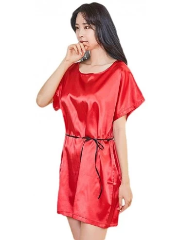 Nightgowns & Sleepshirts Women Silky Summer Short Sleeves Spa Soft Chic Charmeuse Sleeping Dress - Red - CE199SOQ079 $25.92