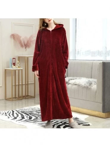 Robes Robes for Women- Winter Warmer Home Hooded Solid Soft Thicken Couples Lengthened Bathrobe Zipper Robe Sleepwear Pocket ...