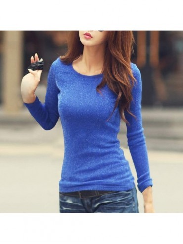 Shapewear Women Tops- Fashion Women's Solid Long Sleeve Slim Fit Round Neck Stretch Casual Bottoming Top - Blue - C918WKO0WHM...