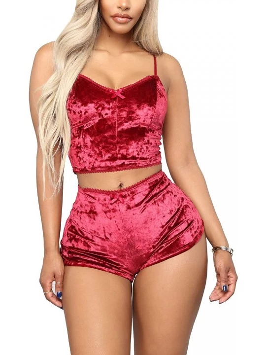 Sets Womens Vintage Velvet Lingerie Sexy Strappy Babydoll Satin Pajama Set Spaghetti Strap Crop Top and Shorts Rose Red - CB1...