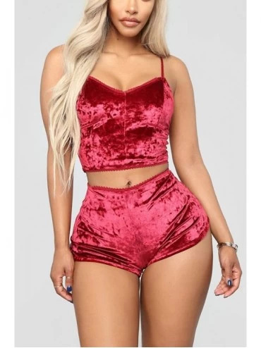 Sets Womens Vintage Velvet Lingerie Sexy Strappy Babydoll Satin Pajama Set Spaghetti Strap Crop Top and Shorts Rose Red - CB1...