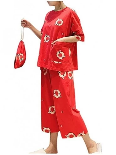 Sets Sleepwear for Women-Lady Summer Pajamas Set Women Short Sleeve Cartoon Printing Camisole Set Suit - Red - C41900X8O4L $2...
