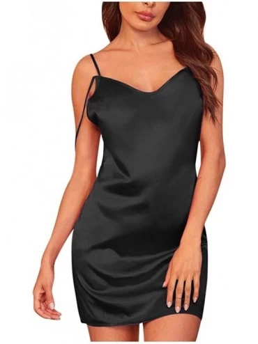 Robes Women's Nightwear Sexy Satin Sleepwear Chemises Mini Full Slip Nightdress - Black - CC197YEZCGT $21.04