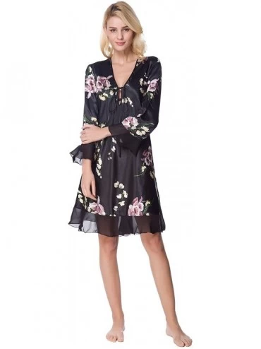 Nightgowns & Sleepshirts Women's Printed Satin Nightgown- Silky Sleeveless Nightdress - Long Black01 - CX18GWQGUUK $46.69