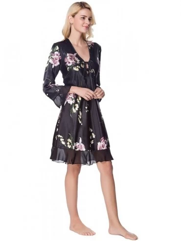 Nightgowns & Sleepshirts Women's Printed Satin Nightgown- Silky Sleeveless Nightdress - Long Black01 - CX18GWQGUUK $26.41