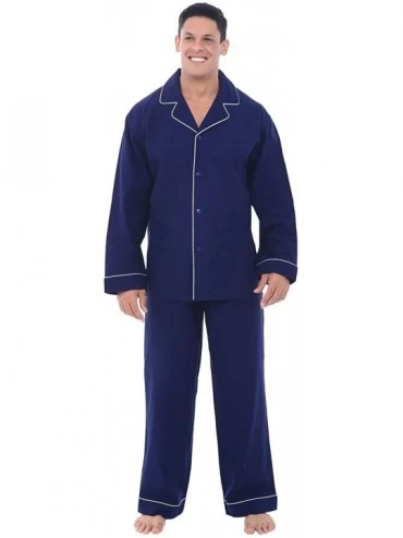 Sleep Sets Men's Lightweight Flannel Pajamas- Long Cotton Pj Set - Midnight Blue With White Piping - CO122BUAPJX $70.17