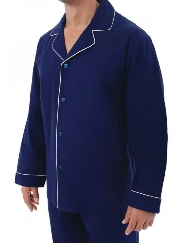 Sleep Sets Men's Lightweight Flannel Pajamas- Long Cotton Pj Set - Midnight Blue With White Piping - CO122BUAPJX $35.09