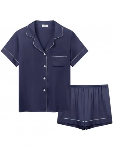Sets Womens Satin Silky Short Sleeve Button Up/Down Summer Pajama/Pj Shorts Set - Navy Blue - CU197Z0825H $49.47