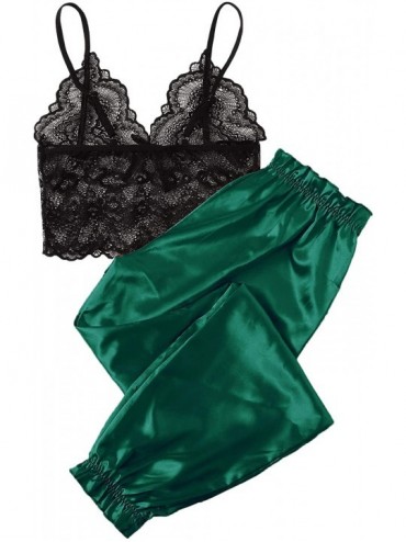 Sets Women's Sexy Floral Lace Bralette Top with Satin Pant Pajama Sets - Black Green - C819G8C7Q9G $35.35