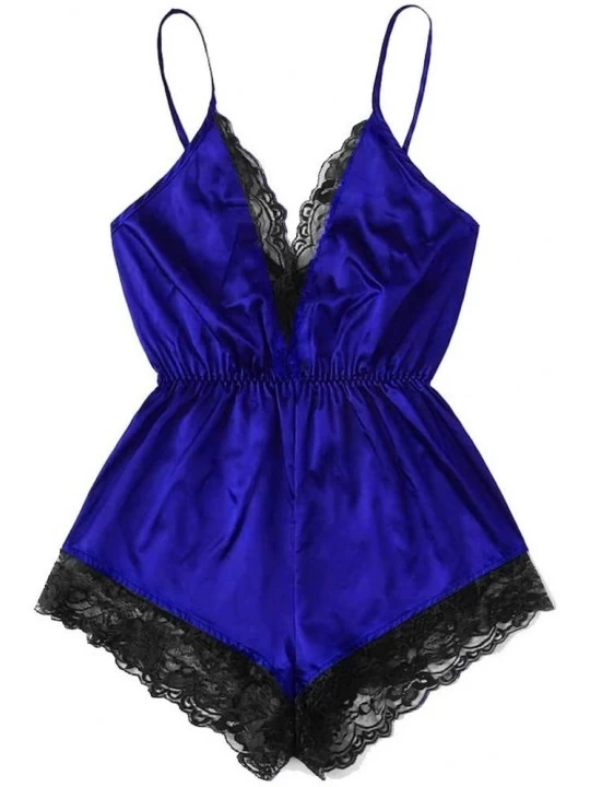 Garters & Garter Belts Lingerie- Fashion Women Sexy Lingerie Girl V-Neck Lace Splice Bodysuit Sleepwear Bodydoll - Blue - CA1...