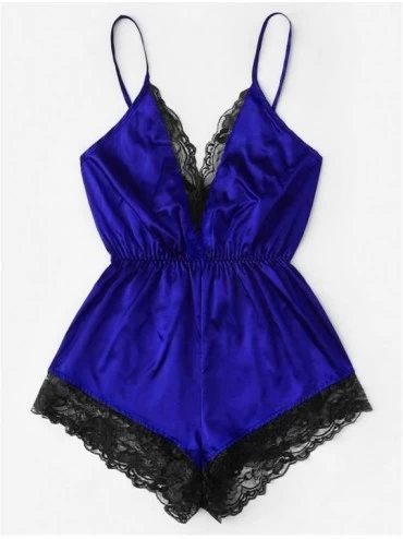 Garters & Garter Belts Lingerie- Fashion Women Sexy Lingerie Girl V-Neck Lace Splice Bodysuit Sleepwear Bodydoll - Blue - CA1...