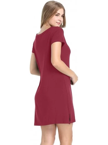 Nightgowns & Sleepshirts Womens Soft Bamboo Short Sleeve V-Neck Nightgown Night Shirt Sleep Dress - Wine Red - CK196OHDYT4 $2...