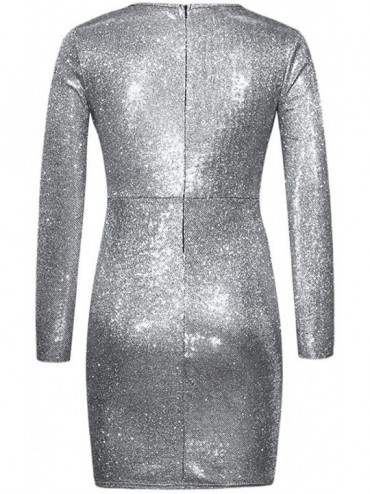 Thermal Underwear Women's Sequin Glitter V Neck Long Sleeve Sexy Wrap Front Bodycon Stretchy Mini Party Dress - Gray - CI1942...