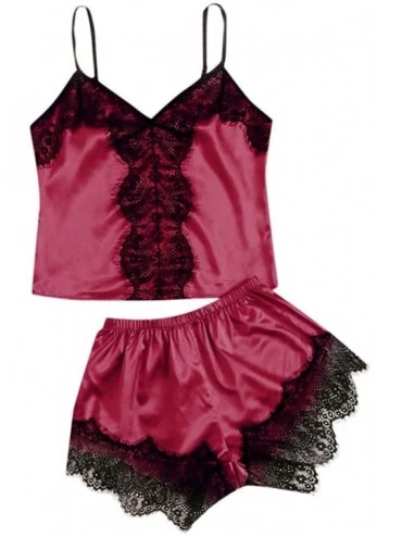 Sets 2020 Sleepwear Sleeveless Strap Nightwear Lace Trim Satin Cami Top Pajama Sets for Women - Wine - C8193Q67U92 $19.50