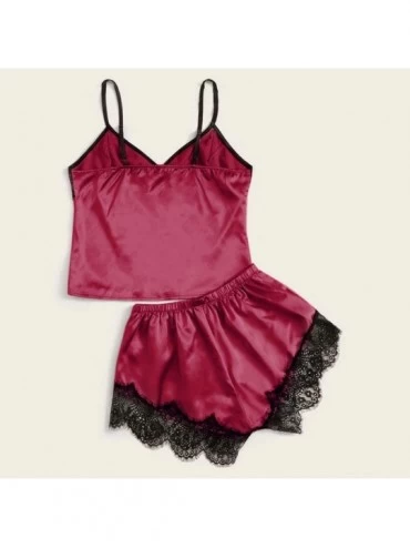 Sets 2020 Sleepwear Sleeveless Strap Nightwear Lace Trim Satin Cami Top Pajama Sets for Women - Wine - C8193Q67U92 $9.22