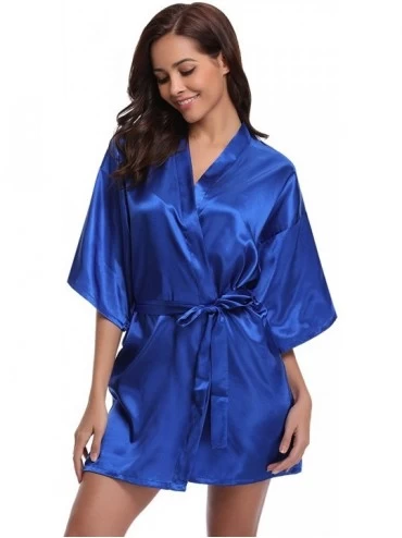 Robes Women's Kimono Robes Satin Pure Colour Short Style with Oblique V-Neck Robe - Saphire Blue - C212ISQDRSV $18.19