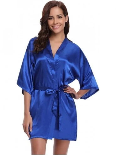 Robes Women's Kimono Robes Satin Pure Colour Short Style with Oblique V-Neck Robe - Saphire Blue - C212ISQDRSV $18.19