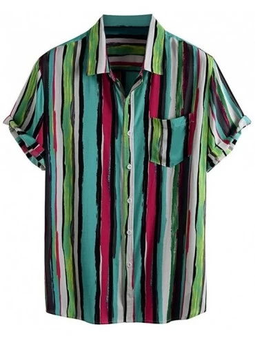 Thermal Underwear Summer Shirts for Men Printed Turn Down Collar Short Sleeve Casual Striped Shirts - Green - CU19C9UTMI0 $40.52