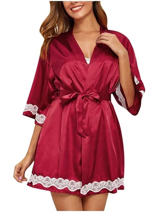 Robes Women's Underwear Ladies Sexy Solid Color Lace Underwear Nightdress Set - Red - CW1987DCNX9 $17.04