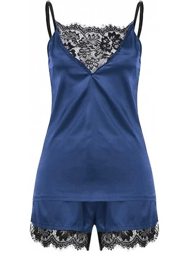 Sets Womens Lace Satin Sleepwear Cami Top and Shorts Pajama Set Nightwear Pajamas Set 2 Piece Sleepwear PJ Dark Blue - CS1935...