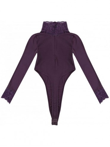 Shapewear Women's Basic Solid Long Sleeve Turtleneck Leotard Top Bodysuit Stretchy Jumpsuit Bodycon - Purple - CT18O3KW7H7 $3...