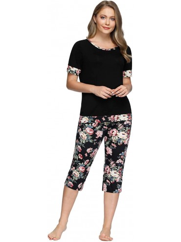 Sets Women Pajama Short Sleeve Round Neck Tops with Printed Capri Pants Lounge Sets - Black - CY18RHUMTR8 $45.55
