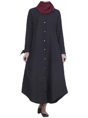 Robes Womens Muslim Islamic Button-Front Pure Color Solid Kaftan Dress - Black - CA19080AUUE $75.30