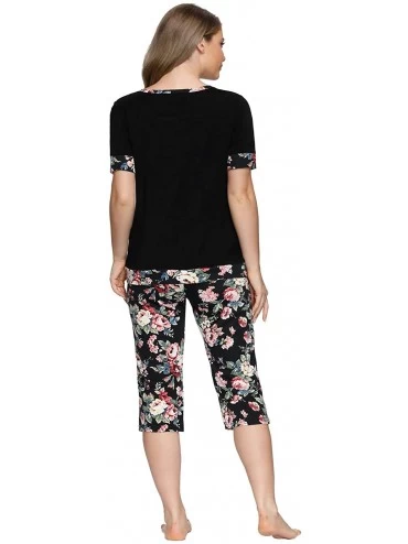 Sets Women Pajama Short Sleeve Round Neck Tops with Printed Capri Pants Lounge Sets - Black - CY18RHUMTR8 $21.93