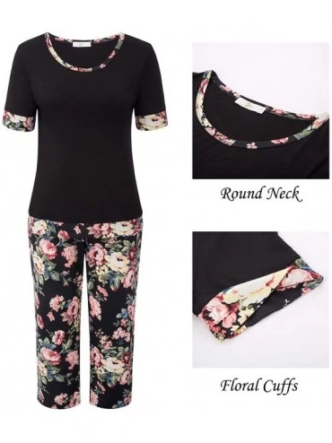 Sets Women Pajama Short Sleeve Round Neck Tops with Printed Capri Pants Lounge Sets - Black - CY18RHUMTR8 $21.93