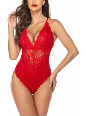 Baby Dolls & Chemises Women Snap Crotch Lingerie Sexy Lace Bodysuit Deep V Teddy One Piece Lace Babydoll - Red-(with Snap Cro...