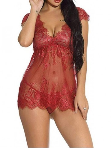 Thermal Underwear Lingerie for Women Sex- Womens Sexy Suspender Skirt Lingerie Deep V Lace Mini Babydoll Sexy Underwear - Red...