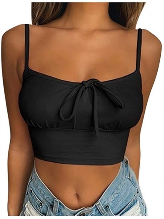 Camisoles & Tanks Women Solid Color Sexy Wrapped Chest Short Crop Tops Pleated Tube Top Bowknot Sling Camisole Vest - Black -...