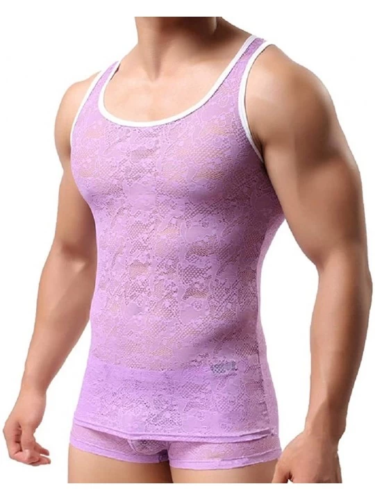 Undershirts Men's Lace Singlet Floral Sheer Mesh Vest Racer Back Tank Top Sleeveless Sports Undershirts Casual Summer Top - P...