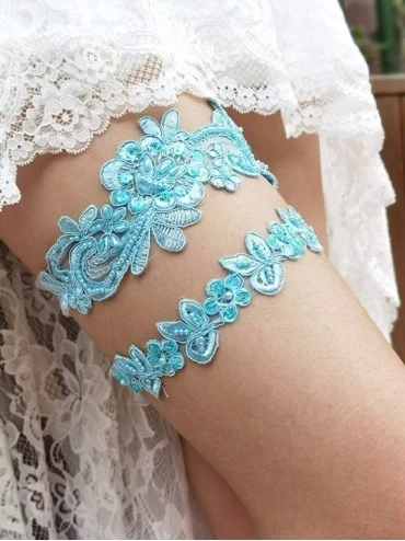 Garters & Garter Belts Vintage Wedding Garter Set Lace Sequins Bridal Garter Set S05 - Sky blue - C3192ZY2IHD $8.67
