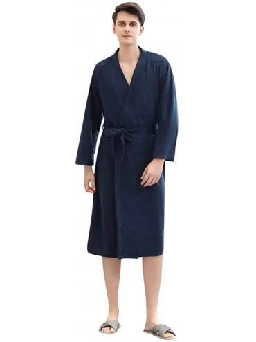 Robes Mens Solid Bandage Robe Bathrobe Gown Pajamas Long Sleepwear Pocket Waistband - Navy - CA194IZMU4G $37.00